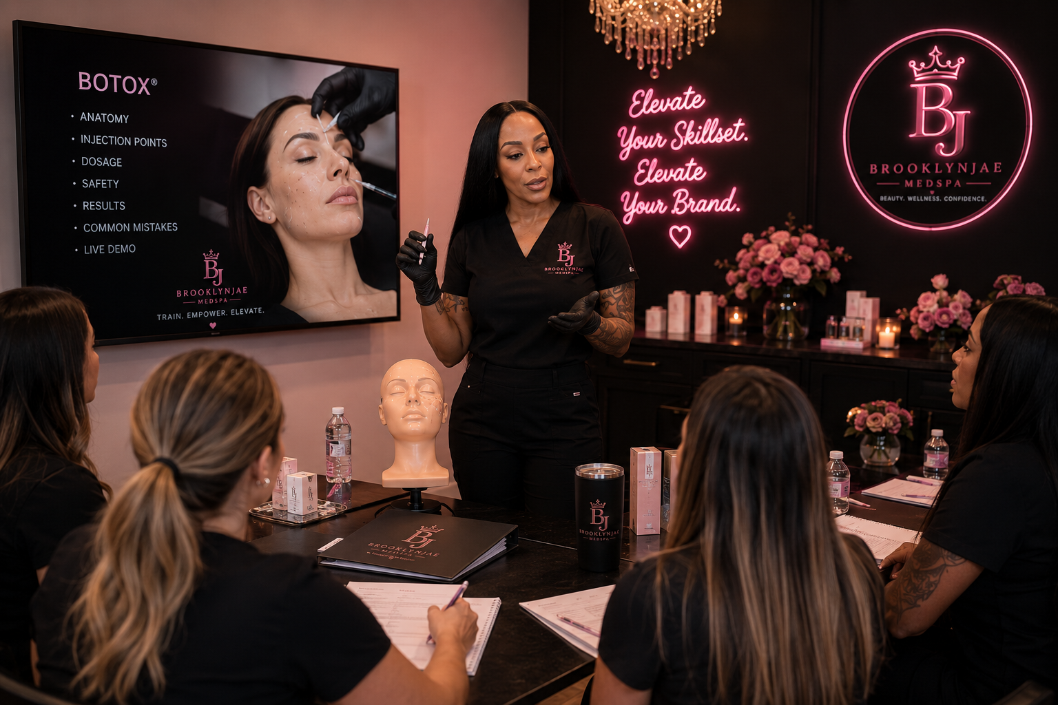 Hands-on injector training session inside the BrooklynJae MedSpa treatment suite