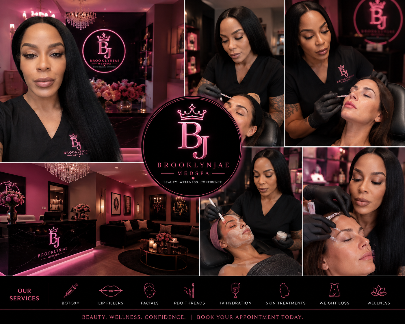 Collage of BrooklynJae MedSpa signature services including injectables, facials and skin treatments