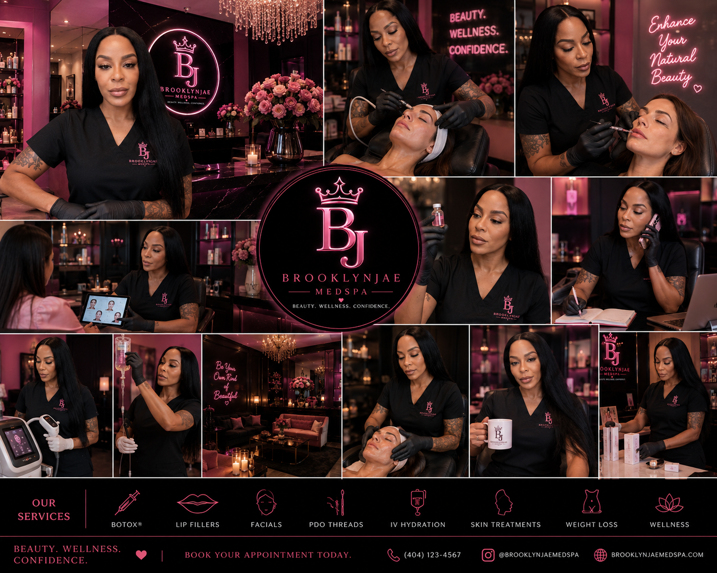Interior of the BrooklynJae MedSpa luxury studio with pink neon branding and treatment rooms